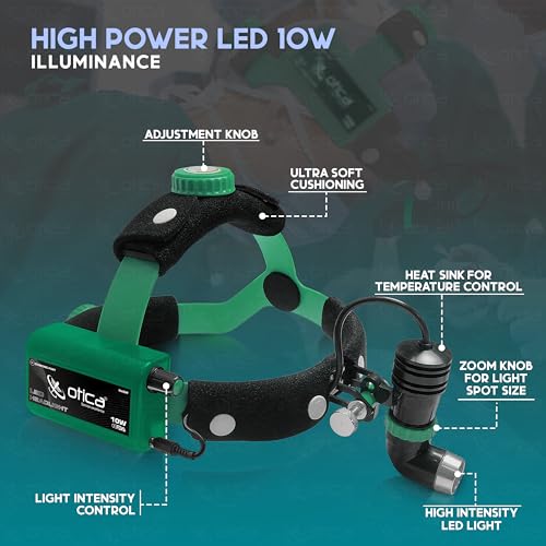 Image of OTICA 10W ENT Surgical LED Headlight High-Intensity Medical Headlamp for Doctors Hospital Dental Portable Rechargeable Headlight (Brightness, Spot Size Control + Dual Detachable Battery) - Green