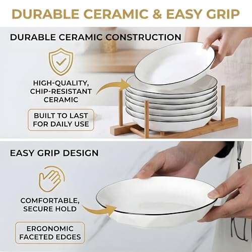 Image of Premium White Ceramic Pasta Dishes Set of 4, 7-Inch Large Shallow Salad Plates with Elegant Black Rim, Modern Geometric Faceted Design, Stackable, Microwave & Dishwasher Safe Dinnerware