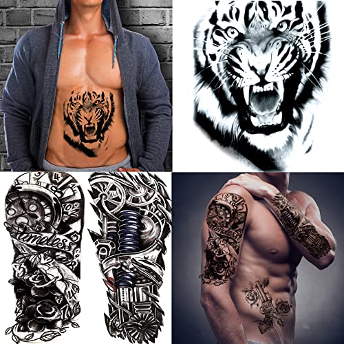 Hotoyannia 62 Sheets Large-Size Black Temporary Tattoos Stickers For Women Men And Girl, Includes 10 Large-Size Fake Tattoos That Look Real And Last Long, Halloween Tattoos Include Black Scary Wolf Lion Tiger Skeleton Skull Tattoos #TOP2