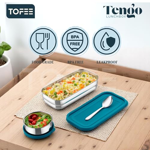 Image of TOFEE Big Stainless Steel Lunch Box for Office & School | Leak-Proof Tiffin with Small Container & Spoon | BPA-Free Airtight Lid | Compact & Durable Lunch Box for Travel (900ml) (Blue Combo)