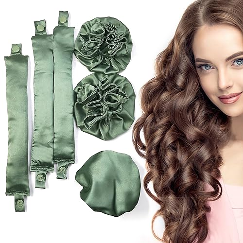 BLINKEEN Satin Heatless Curling Set Pillow Soft Rollers with Hair Caps No Heat Rods Headband for All Hair Types (3Sets-Olive Green)