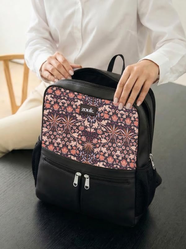Image of ZOUK Women's Office Backpack | Vegan Leather & Handicraft Fabric | PeTA Approved | 15.6 Inch Laptop Compartment | Dual Zipper Pockets | Water Resistant | Trolley Passthrough | 17.5L