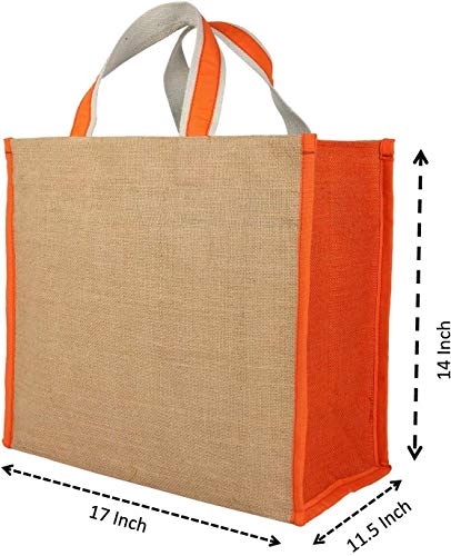 Image of DOUBLE R BAGS Big Heavy Duty Eco Reusable Jute Cloth Shopping Bag with 6 Pockets & Reinforced Handles | Grocery, Milk, Fruits & Vegetable Carry Organizer Tote | Orange, 45x17x35 cm, 1 Compartment