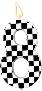 Racing Car Themed Birthday Candle, Racing Car Checkered Flag Number Candle | Black White Checkered Cake Topper for Boys Racing Birthday Anniversary Party Decoration Supplies (Number 8)