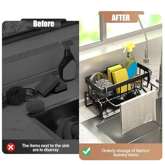 Gcroet Kitchen Sink Organiser Stainless Steel Sink Caddy with Removable Dishcloth Rack and 45¡ã Inclined Water Drip Tray Large Capacity Tidy Organiser for Bathroom Kitchen Accessories Black