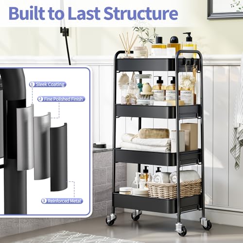 TOOLF 4-Tier Metal Rolling Cart with Wheels, Storage Utility Organizer Cart for Kitchen, Bathroom, Office, Baby Essentials & Makeup - Lockable Casters, Easy Assembly, Large Capacity, Black - Thumbnail 3