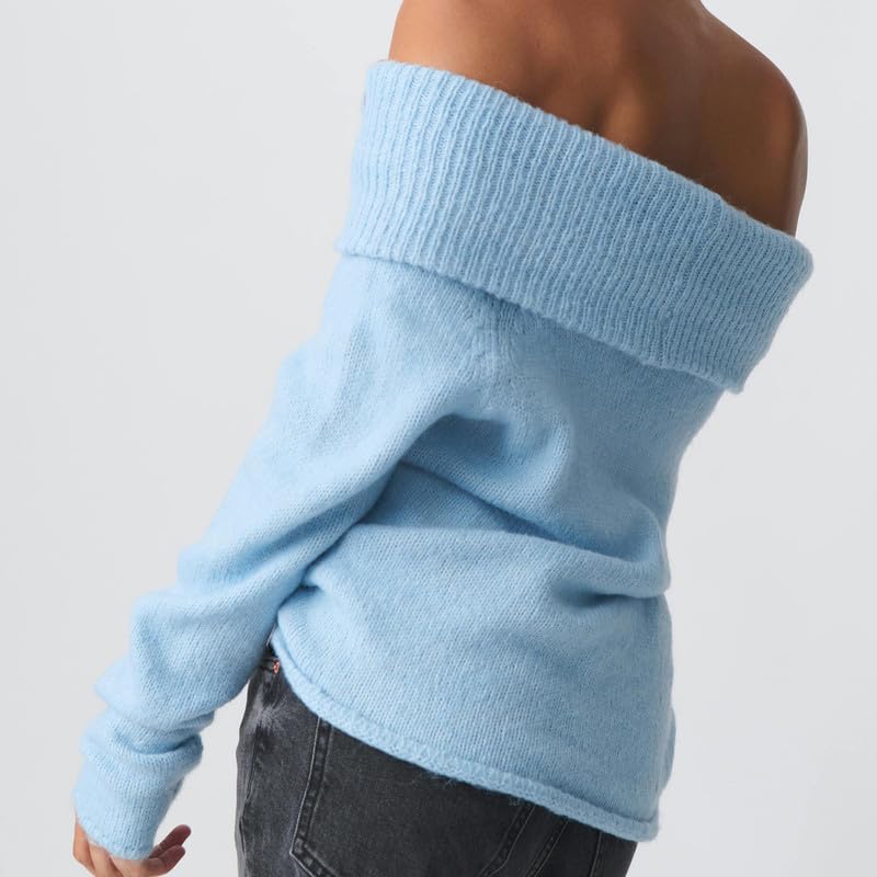 Image of Women Off The Shoulder Sweater Long Sleeve Ribbed Knit Top Y2k Pullover Sweaters Fall Going Out Streetwear