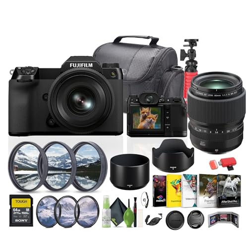 FUJIFILM GFX 50S II with GF35-70mm Medium Format Mirrorless Camera Lens Kit Bundle with GF 80mm f/1.7 R WR Lens (FUJIFILM-G) + Professional MC 3 Piece Filter Kit, 77mm UV/CPL/F + More