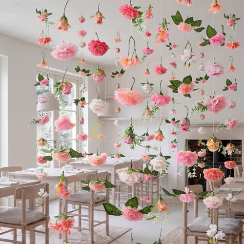 Image of Suncalla 12 Pcs 70.8 ft Wildflower Garland Pre Strung Artificial Hanging Flower Vine Backdrop Decor from Ceiling Floating Silk Floral Garland for Garden Wedding Bridal Shower(Bright,Pink)