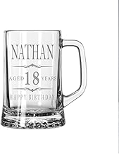 ukgiftstoreonline Personalised Vintage Beer Tankard, Engraved Glass Mug Stein with Birthday Design, Gift Box Included 18th, 21st 30th, 40th, 50th, 60th, 70th 80th (18th Birthday Beer Glass)