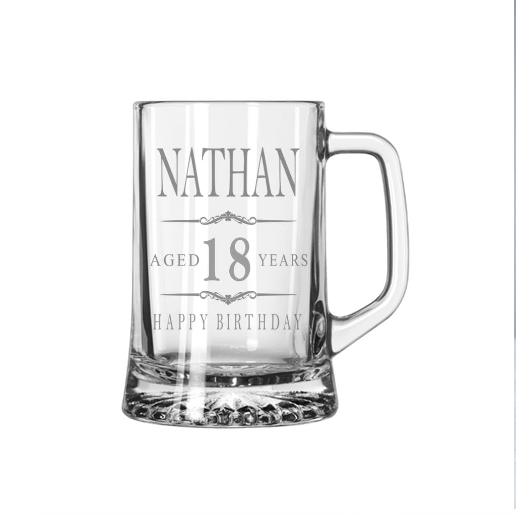 ukgiftstoreonline Personalised Vintage Beer Tankard, Engraved Glass Mug Stein with Birthday Design, Gift Box Included 18th, 21st 30th, 40th, 50th, 60th, 70th 80th (18th Birthday Beer Glass)
