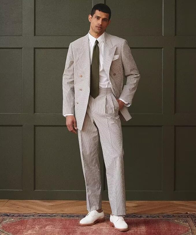 Men's Seersucker Suit 2 Piece Set Striped Double Breasted Suits for Men Summer Beach Wedding Prom Suits4