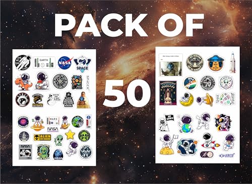 Image of Mission to Space Theme Vinyl Stickers, Waterproof Self Adhesive Decals for Laptop, Journal, Guitar, Mobile Phone, Multicolour, Pack of 50