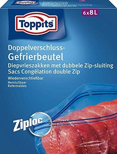 Toppits Podwójne zamknięcie worka do zamrażania, zamknięcie SafeLoc, 8 litrów, podstawka, 6 sztuk, przezroczysty