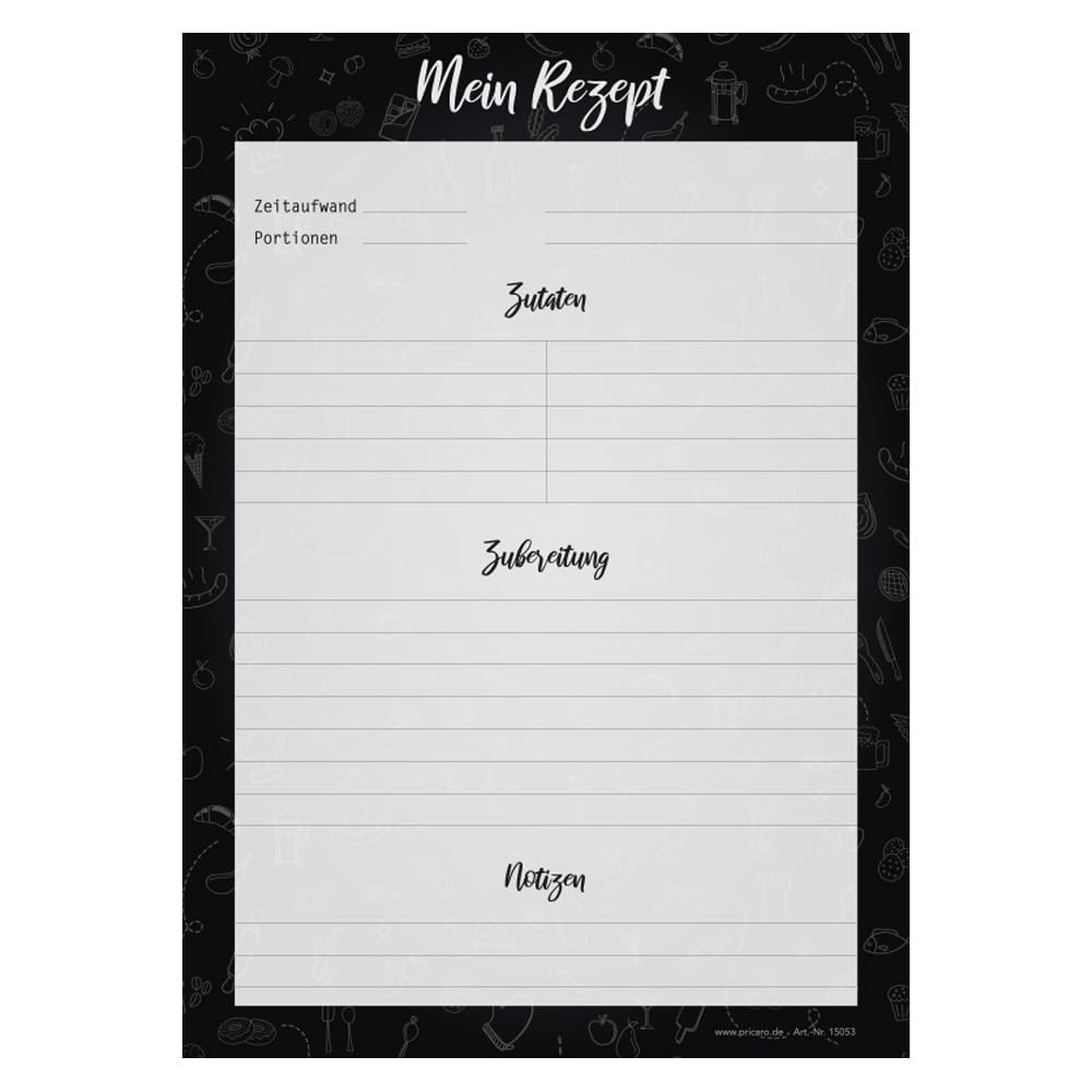 PRICARO Set completo di raccoglitori per ricette Doodles Black, formato A4, 8 pezzi