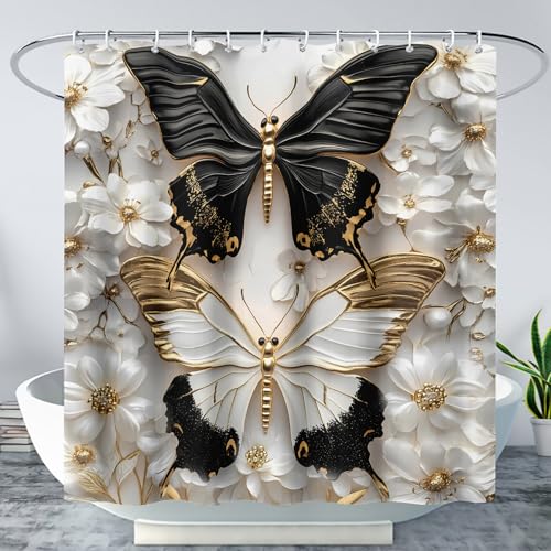AILONEN Black and White Butterfly Shower Curtain for Bathroom,Gold Flower Butterfly Waterproof Bath Curtain 48