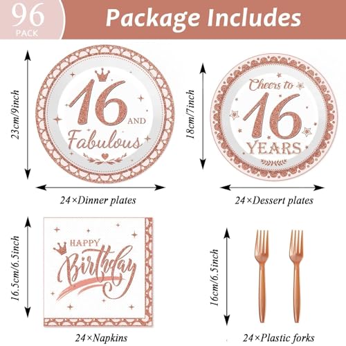 16th Birthday Party Plates and Napkins Decorations 96 Pcs 16 Birthday Party Decoration Supplies Sweet Sixteen Rose Gold Birthday Disposable Tableware Favors Set for Girls Ladies Women Serves 24 by Wiooffen - Used condition - Image 2