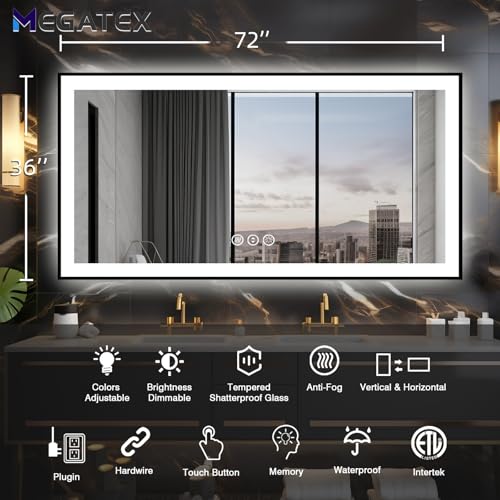 72x36 Lighted Mirrors for Bathroom Wall, Modern Rectangle Matte Black Mirror, Tempered Glass,Double Lights, 3 Colors Dimmable Temperature, IP54 Enhanced Anti-Fog, Memory (Horizontal/Vertical)