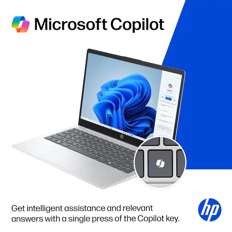 Image of HP 14 inch Laptop for Business & Students, 256GB SSD, Microsoft Office 365 Included, Windows 11, Copilot Key, AMD Athlon Silver 7120U, Natural Silver