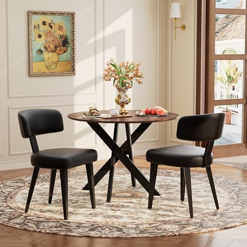 Image of Wood Dining Table Set for 2, 36 inch Round Kitchen Table with 2 Faux Leather Dining Chairs, MDF Tabletop with Metal Legs, Ergonomic Dining Chair with Metal Legs(Woodgrain Table with Black Chairs)