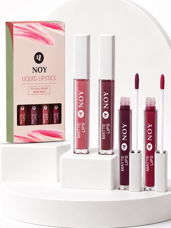 Image of Noy Lipstick For Dusky Skin Tone Combo Smooth Matte Finish That Lasts All Day - Tan Nude, Dark Maroon, Purple Wine, Red Wine Shades Pack of 4