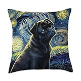 black Pug Pet Love Fun Black Pug in Starry Night Painting Dog Mom Dad Throw Pillow, 18x18, Multicolor