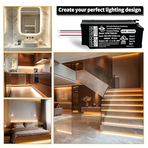 Image of Dimmable LED Driver, 60W 24V Triac ELV /MLV Compatible Electronic Transformer, 100-130V AC to 24V DC Power Supply, Low Voltage Lighting Project, Smooth Dimming, UL Listed, Class 2