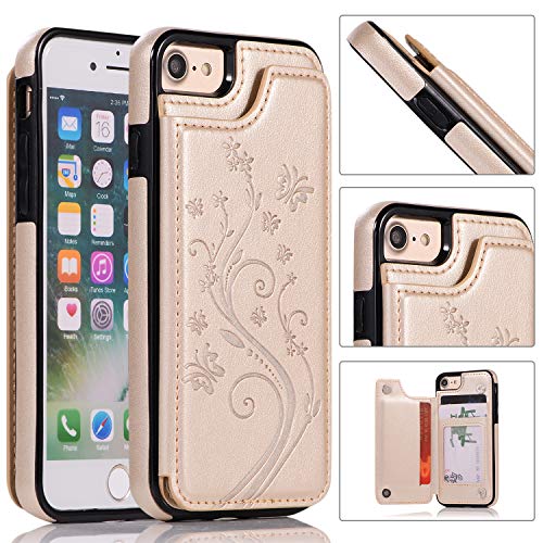 QFUN Back Wallet Case for iphone 7/8 with Stand, Elegant Embossed Design [Butterfly Flower] Lightweight Slim Fit Leather Phone Case with Card Holder Protective Bumper Flip Cover - Gold