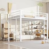 Oxtao Letto a soppalco 140x200 cm, scala di sicurezza e archiviazione, piccolo armadio e r...