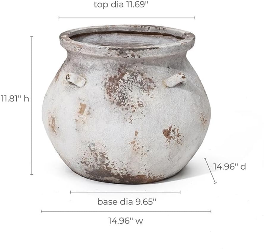 LuxenHome 15'' Dia Round Large Plant Pots, Off White Indoor Outdoor Planters with Drainage Holes, Rustic Distressed Flower Pot for Plants, Handmade Concrete Planter Pot for Home Patio Garden