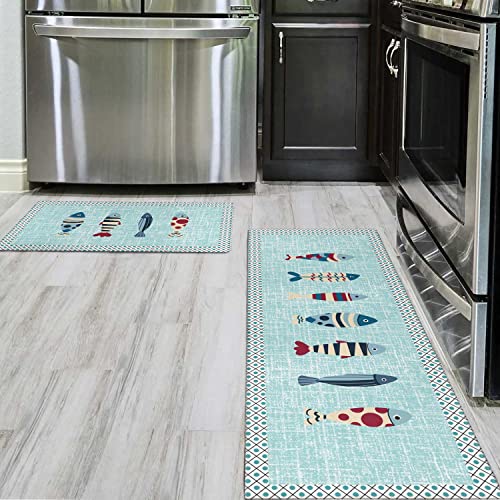 Culturalnav Fish Kitchen Mat Set Of 2 Non Slip Kitchen Runner Rug Throw Rugs Indoor/Outdoor Floor Mat For Home Kitchen-17*24 + 17*47 Inches #TOP3