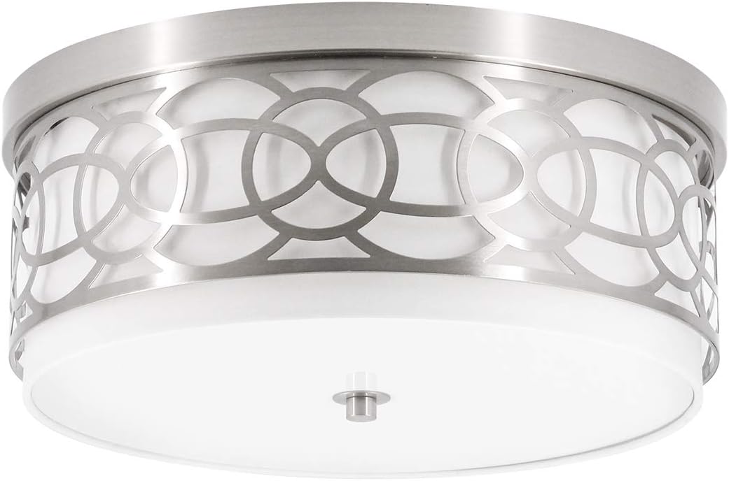 Super Deal Product Flush Mount Ceiling Light, 3-Light Modern Entry Light Fixture, Metal Drum Shade + White Fabric Shade, Flush Mount Drum Light for Bedroom Dining Room Kitchen Hallway Foyer, Brushed Nickel Finish