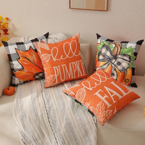 Fall Decorations Set Of 4 Double-Sided Print Fall Pillow Covers with 8 Cute Different Looks with Autumn Decor, Bright And Colorful, 20" x 20" Soft Linen Throw Pillow Covers for Outdoor & Indoor Use