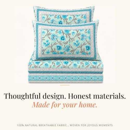 Image of Naksh Queen Size Bed Sheet Sky Blue Floral Print 2 Pillow Covers | Sky Blue Botanical Floral Print | Heritage Design for Queen Size Bedrooms