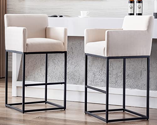 Image of Modern Counter Height Bar Stools Set of 6, Linen Fabric Upholstered Bar Stools with Backs, 30 Inch Kitchen Island Stools with Black Metal Frame, Cream