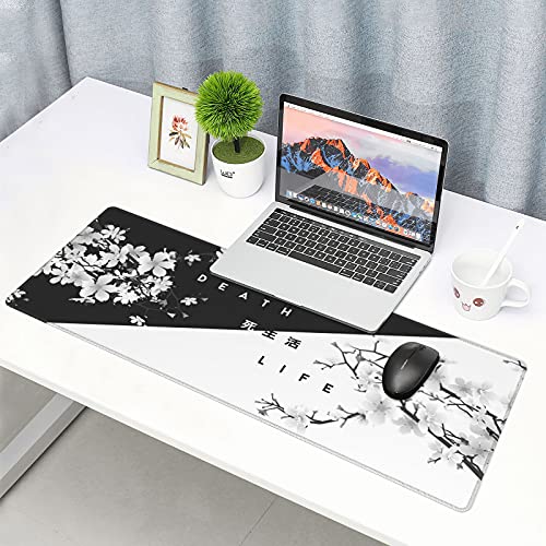 Image of Black White Cherry Blossom Mouse Pad Japanese Sakura Death Life Extended Desk Mat 80X30 cm Non-Slip Rubber Base Stitched Edge Large XL Playmat for Gaming Laptop Computer PC Desktop,31.5�11.8 Inch