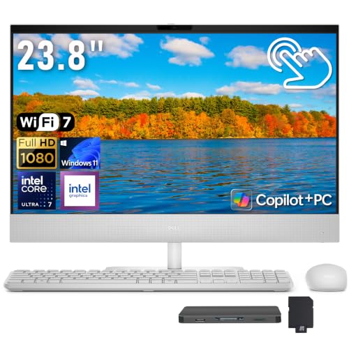 Image of Dell 23.8 inch FHD Touch All-in-One AI Desktop, Intel Core Ultra 7-355, 64GB DDR5, 3TB Storage (2TB SSD+1TB Docking Station), Intel Graphics, Wireless Keyboard & Mouse, FHD Camera, Wi-Fi 7, Win 11, White