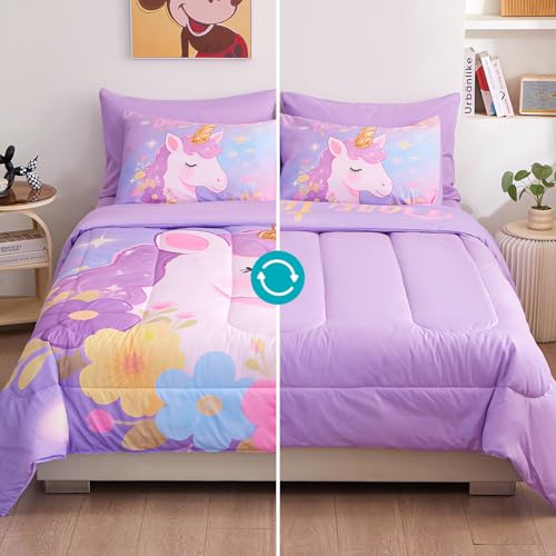 Image of Queen Comforter Set for Girls 7 Piece Purple Unicorn Bedding Set for Girls Super Soft Microfiber Bed Set Bed in a Bag with Comforter Sheets Pillowcase & Sham