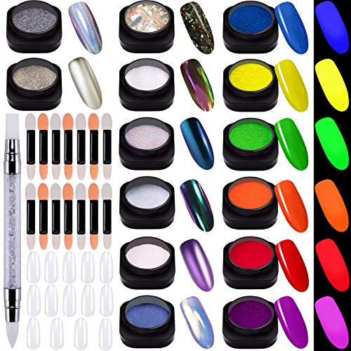 Duufin Nail Art Powder Kit 6 Jars Luminous Powder 4 Jars Iridescent Aurora Powder 1 Chrome Powder 1 Holographic Powder 1 Pearl Nail Powder 1 Nail Flake, 14 Pcs Practice Nail Tips with a Silicone Pen