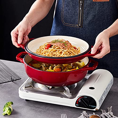 Bruntmor 2-In-1 Pre-Seasoned Cast Iron Pan |Cocotte Double Braiser Pan With Grill Lid 3.3 Quarts - Barbecue Grill Non Stick Frying Pan - Nonstick Cookware Set With Wide Handle (Red) #TOP2