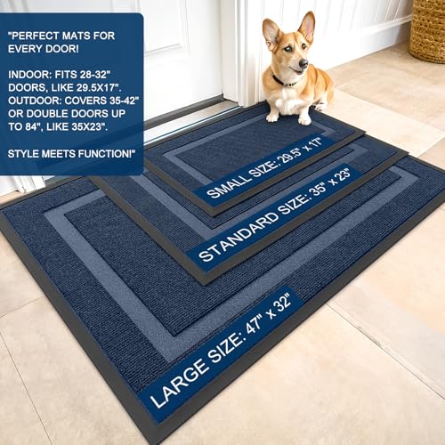 Image of OLANLY Front Door Mat Indoor Outdoor Entrance, Waterproof All-Season, All-Weather Doormat, Sturdy Natural Rubber, Fade Resistant, Low Profile, Easy Clean Patio Porch Entryway Mat, 29.5x17, Blue
