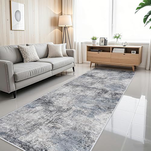 Washable Wide Runner Rug 4x12 - Living Room Abstract Runner Rugs Soft Low Pile Indoor Carpet for Bedroom Kitchen Non Slip Backing Stain Resistant Distressed Floor Decor Machine Washable Mat 4x12 Blue