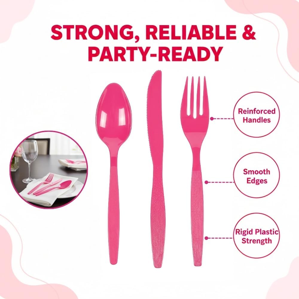 Bulk Plastic Cutlery Sets for 70, 210 Pieces, Spoons, Knives, Forks, Party and Wedding Supplies (Hot Pink)