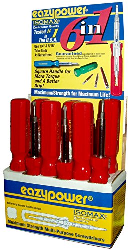 Image of Eazypower 87633 12-Pack 6-in-1 Molded Handle Screwdriver #1 /#2 Phillips, 4-5 /8-10 Slotted, 1 /4 and 5 /16-inch Nut Setters Half Red /Half Black