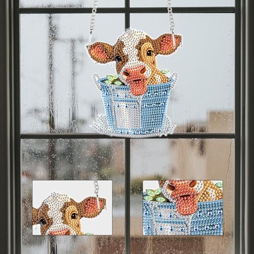 Image of AiYuanzsh Cow in Barrel Diamond Art Hanging Pendant Kit, 5D DIY Acrylic Special Shaped Rhinestone Diamond Painting Ornament for Wall, Door, or Garden Decoration, Handmade Craft Gift for Adults