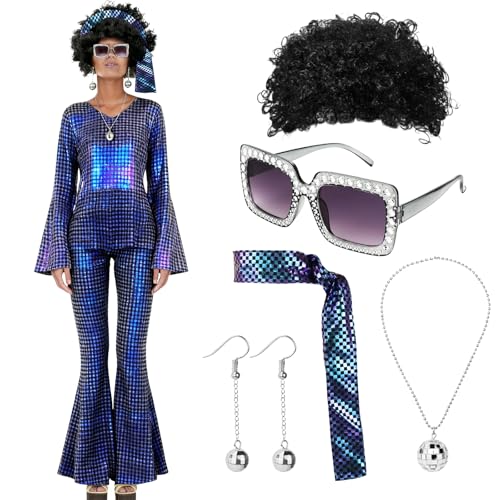 Malloom 70s Disco Costume Set Halloween Women Disco Party Top Pants Sunglasses Ball Necklace Earring Wig (Blue, M)