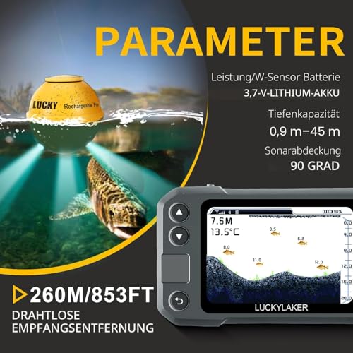 LUCKY Kajak Tragbarer Fischfinder Wandler Kabelloser Sonar Fischfinder Boot Wiederaufladbar Handheld Fischtiefenfinder Angeln MT-202