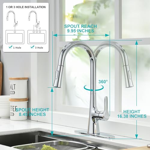 Kitchen Faucet with Pull Down Sprayer, Polished Chrome Kitchen Sink Faucet 1 or 3 Hole, High Arc Single Handle Spot Resist Stainless Steel Kitchen Faucets for Farmhouse Camper Laundry Rv Bar - Image 4