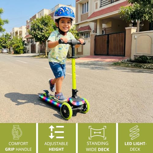 Image of STREETJAM Blinkie Kids LED Kick Scooter for 3-12 Years, LED Deck with Multiple Light Modes (1st Time in India), BIS Approved, Extra Wide Deck, Rechargeable, Up to 50 kg Load (Black with Neon Green)