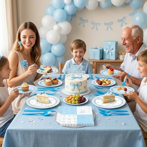 LAOREI 60Pcs Bow Party Supplies, Blue Bow Theme Party Decorations Include Blue Party Plates, Napkins, Forks, Knives, Spoons for Baby Shower Wedding Bridal Birthday Engagement Party Decor, Serves 10 — view 6